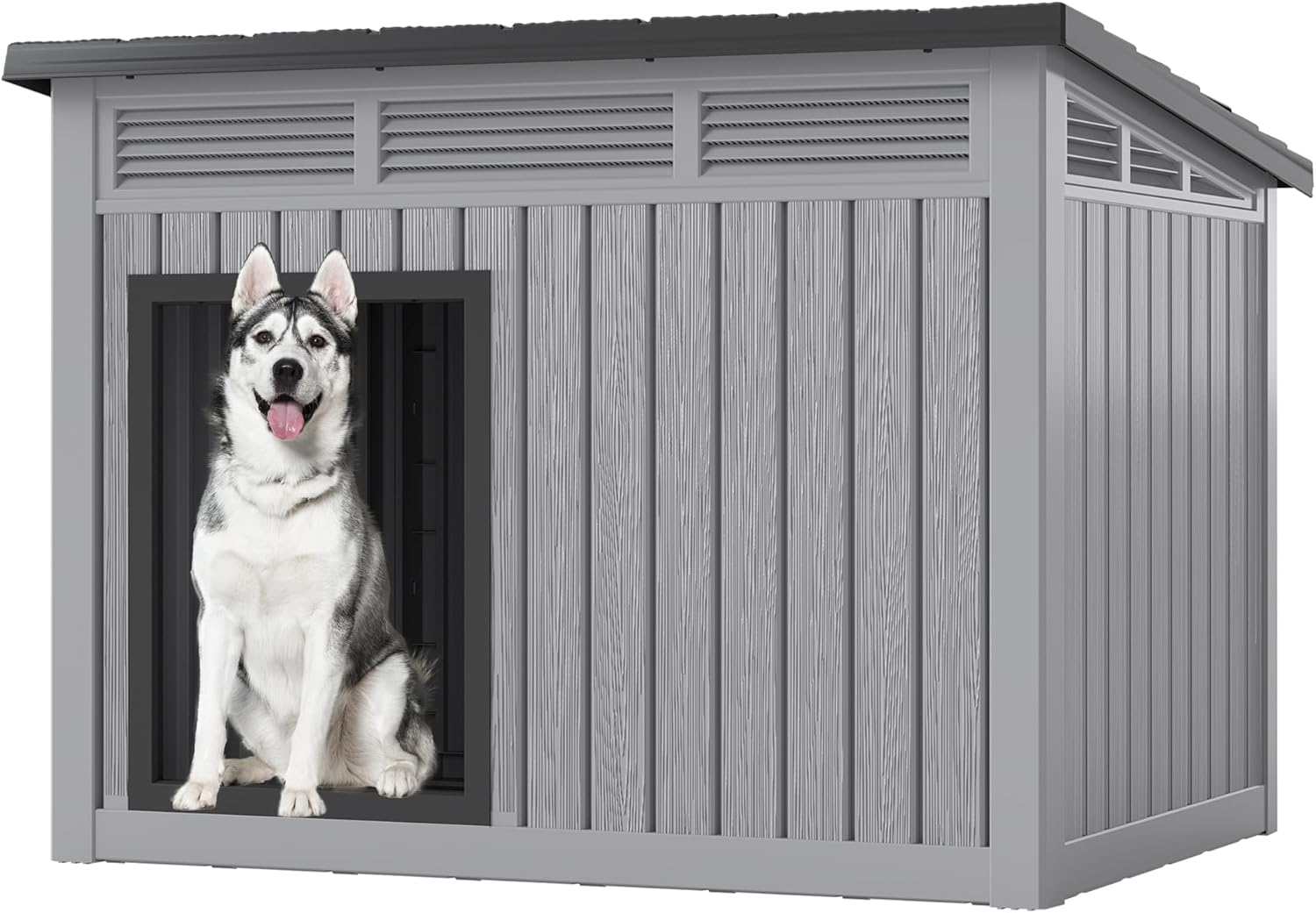 Fancyango weatherproof dog house with hydraulic gas-strut roof and louvered ventilation